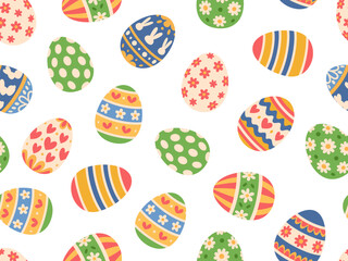 Fototapeta premium Cheerful Easter seamless pattern with patterned eggs decorated with flowers, hearts, stripes, and polka dots. Seamless Easter background.