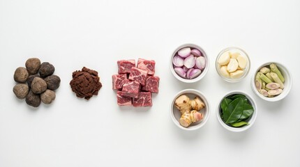 Obraz premium Documentary food photo showing rawon ingredients deconstructed and arranged linearly on a white background, highlighting Indonesian culinary preparation and texture detail