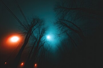 Eerie night scene with trees and glowing streetlights in the fog