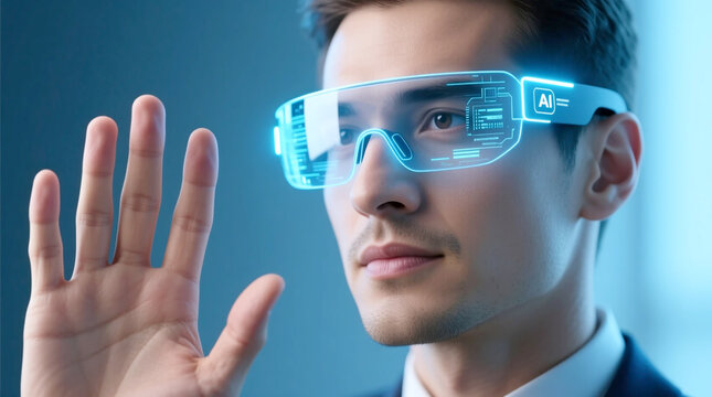 Professional male interacting with futuristic augmented reality glasses displaying an AI-driven digital interface for business innovation and advanced technological presentations