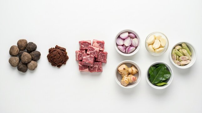 Documentary food photo showing rawon ingredients deconstructed and arranged linearly on a white background, highlighting Indonesian culinary preparation and texture detail