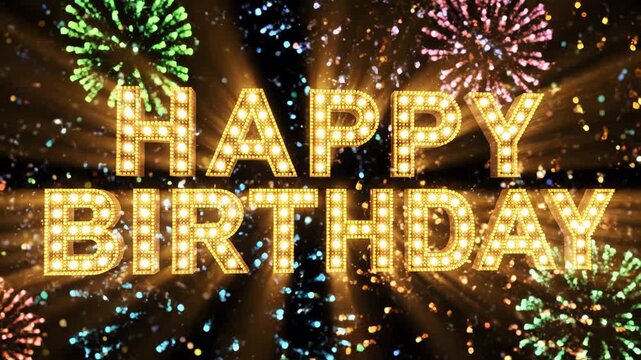 Happy birthday text with fireworks and celebration lights