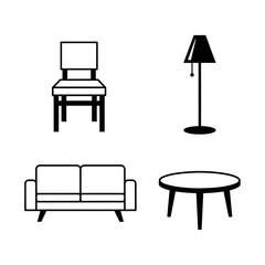 Modern furniture icons set featuring a sleek sofa, minimalist chair, elegant lamp, and stylish coffee table for interior design inspiration.