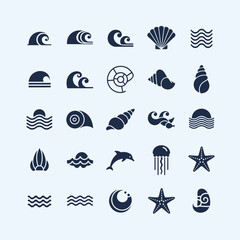 Collection of modern maritime and ocean icons featuring waves, shells, dolphins, jellyfish, and starfish for beach or nautical themes © ahmad
