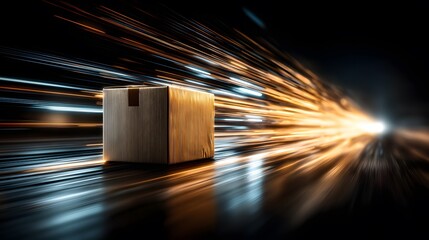 Cardboard shipping box zooms across a dark surface leaving light trails to indicate high speed, capturing a cinematic express delivery concept.