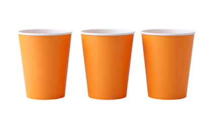 Three orange disposable paper cups on white background isolated on transparent background