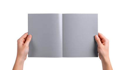 Person holding open blank gray book isolated on transparent background