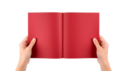 Person holding open red book against white background isolated on transparent background