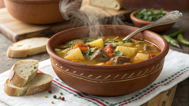 Warm chilean cazuela stew served in a rustic bowl with fresh bread on a wooden table
