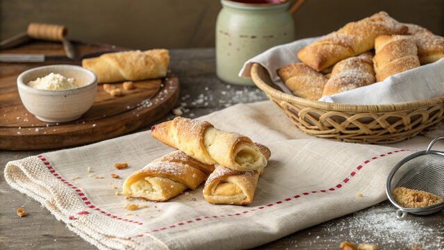 Chilean calzones rotos twisted cookies served in a rustic setting with sugar and flour