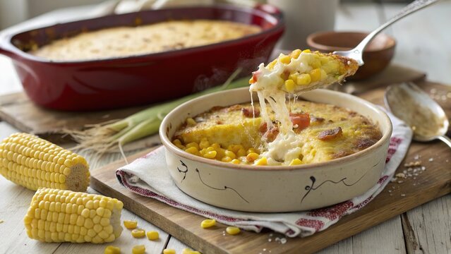 Rustic chilean pastel de choclo served in ceramic dish with golden corn and melted cheese