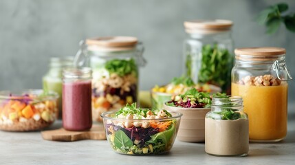 Fresh salads and smoothies displayed in jars on a kitchen counter ready for a healthy meal