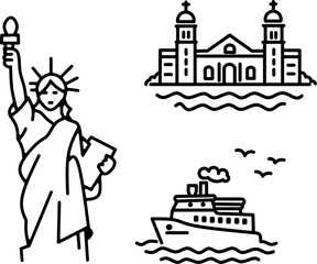 Statue of Liberty and Ellis Island landmarks icons. New York immigration history outline vector.