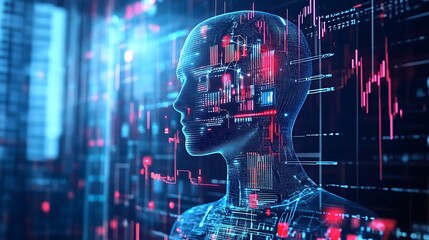 Digital human profile with data overlay reflects artificial intelligence concept