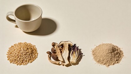 White ceramic cup positioned beside grains, dried mushrooms, and powdered ingredients, showcasing a variety of natural food elements for culinary inspiration and healthy cooking