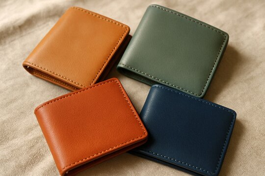 Four leather wallets in earthy tones are arranged on a textured linen surface showcasing their craftsmanship