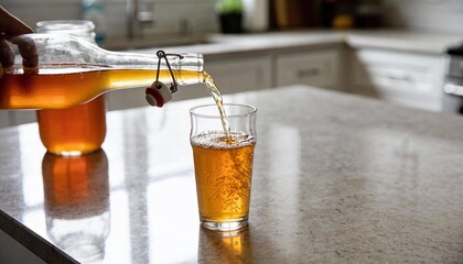 Hand pouring refreshing amber beverage from glass bottle into clear glass on a light countertop, showcasing a vibrant drink in a cozy kitchen setting