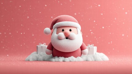 Cute cartoon Santa Claus with gifts in a snowy scene.