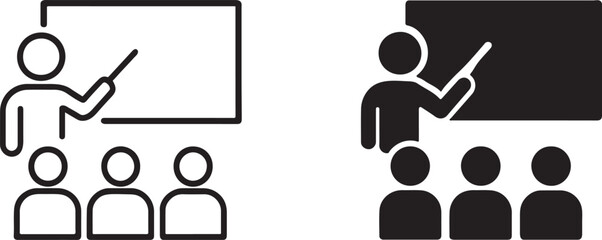 Classroom icon silhouette showing teacher and desks, ideal for school, education apps and UI.