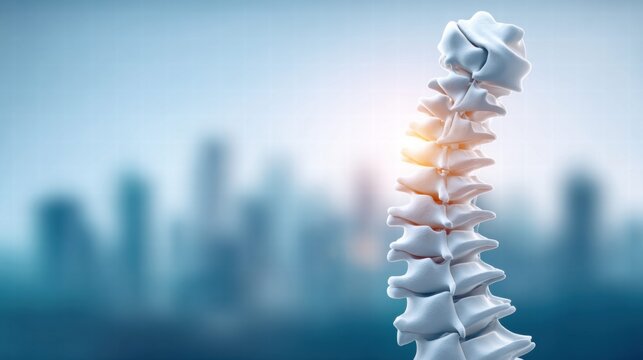 Medical illustration of a human spine with a blurred city background.