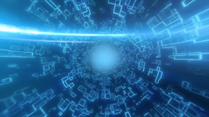 Cool blue digital tunnel with luminous geometric shapes spiraling into a bright technological core - Powered by Adobe