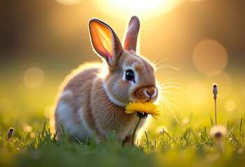 A curious lop-eared rabbit gently sniffing a dandelion in a sunlit meadow. Gentle and peaceful.