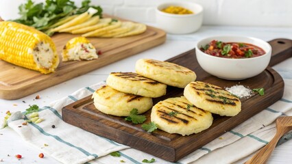 Colombian arepas on a wooden board with grilled corn and salsa in a bright kitchen