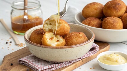 Colombian buuelos cheese fritters served in a bowl with sauce and dipping options on a wooden surface