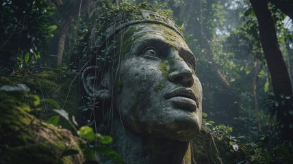 Ancient Stone Statue Head Overgrown with Lush Green Jungle Vegetation.