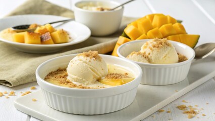 Colombian manjar blanco dessert served in bowls with fresh mango slices and cookie crumbles