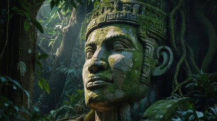 Ancient Stone Statue Overgrown with Lush Green Jungle Vegetation.