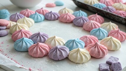 Colorful meringues arranged in a circle on a countertop for a delightful dessert display