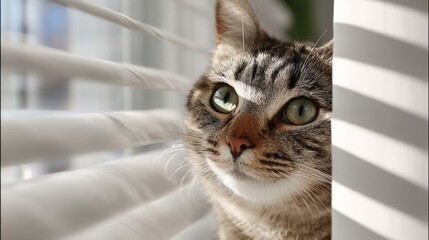 Curious tabby cat peeking through window blinds in sunlight