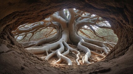 Ancient Tree Roots Emerging from Earthy Cave Opening.