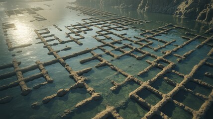 Ancient Underwater City Ruins Grid Structure.