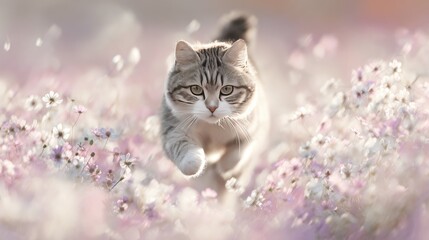 Playful tabby cat frolicking in a field of blooming flowers