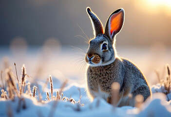 An impressive portrait of a wild hare in a winter field, its head covered with snow. Wildlife, atmosphere.