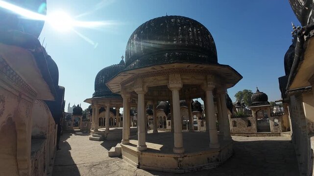 Architectural Grandeur of the Ramgopal Chhatri Cenotaph Featuring Historic Domes and Ornate Pillars in Ramgarh Rajasthan India
