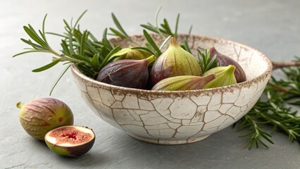 Crackled glaze ceramic bowl filled with fresh figs and rosemary on a textured surface