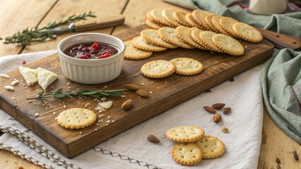 Crackers arranged on a wooden board with dips, nuts, and herbs create a simple yet inviting snack setup