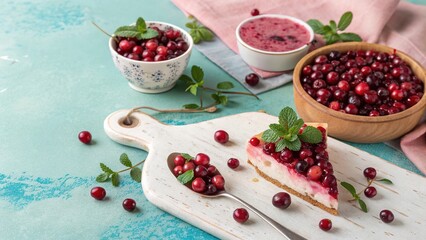Cranberries scattered on a pastel backdrop enhance a dessert scene with fresh berries and a sweet treat