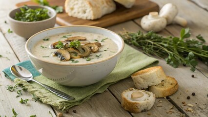 Cream of mushroom soup garnished with fresh herbs and served with crusty bread on a rustic wooden table