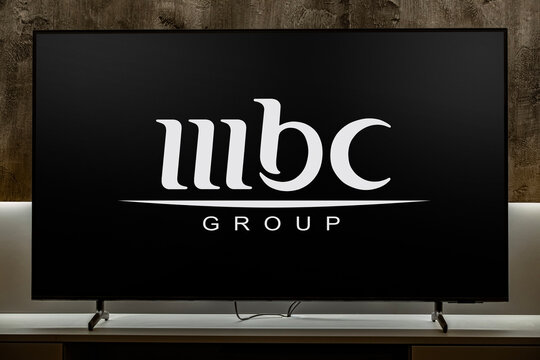 Flat-screen TV set displaying logo of MBC Group
