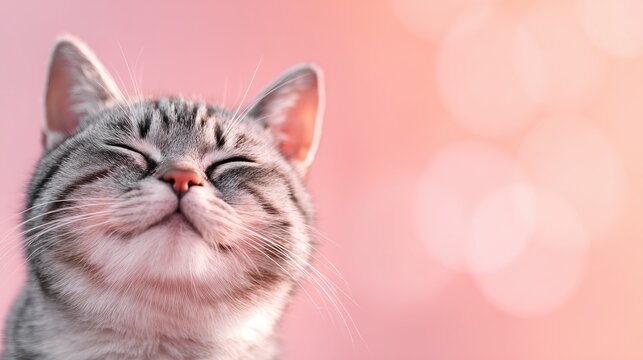 Close-up of a Happy Gray Tabby Cat with Pink Bokeh Background - Powered by Adobe