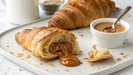 Croissant filled with dulce de leche on a plate with a small bowl of dulce de leche nearby