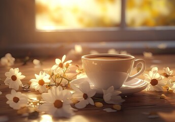 A white cup of coffee on a wooden table bathed in warm sunlight, surrounded by scattered white and yellow daisie