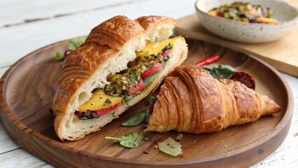 Fusion filling croissant sandwich served on a rustic wooden plate next to a bowl of salad