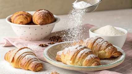 Croissants dusted with sugar on a pastel surface create a charming bakery scene for a delightful breakfast experience