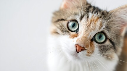 Close-up of a curious cat with green eyes on a white background