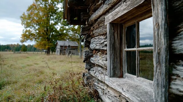 Rustic window in old wooden log cabin